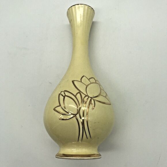 Vintage Golden Aero Warranted 22 K Gold Pale Yellow Lotus Flower Flute Bud Vase - Picture 3 of 10